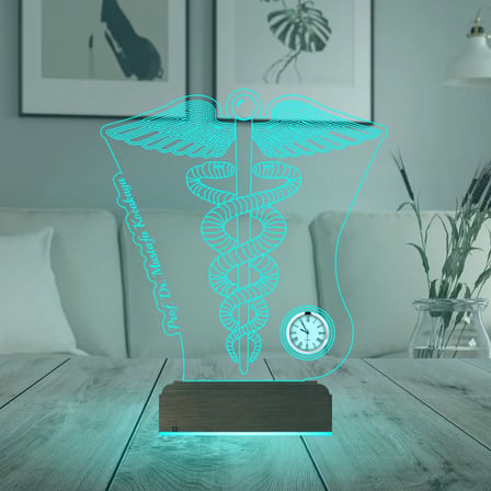 Doktor Hediye Tıp Logo Tasarım Kişiye Özel Metal Saatli 3D Lamba - Masa Gece Lambası