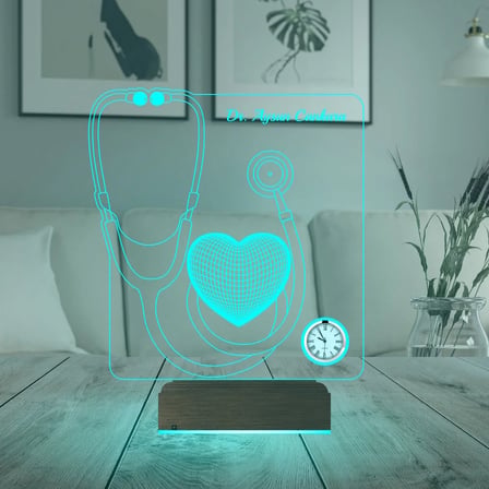 Doktora Hediye Steteskop Kişiye Özel Metal Saatli 3D Lamba - Masa Gece Lambası