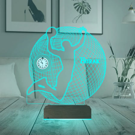 Basketbol Basket Topu Kişiye Özel Metal Saatli 3D Lamba - Masa Gece Lambası