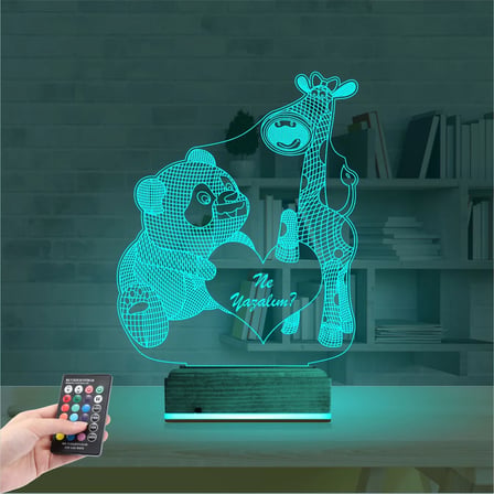Ayıcık Zürafa Kalp Kişiye Özel 3D Lamba - Masa Gece Lambası
