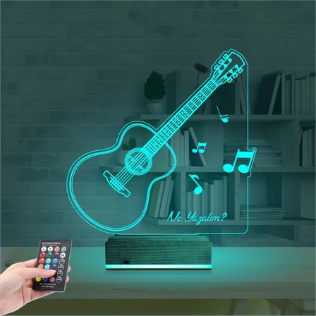Klasik Gitar Müzik Nota Kişiye Özel 3D Lamba - Masa Gece Lambası