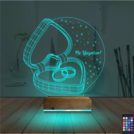 Kalp Yüzük Yıldönümü Hediye Kişiye Özel 3D Lamba - Masa Gece Lambası