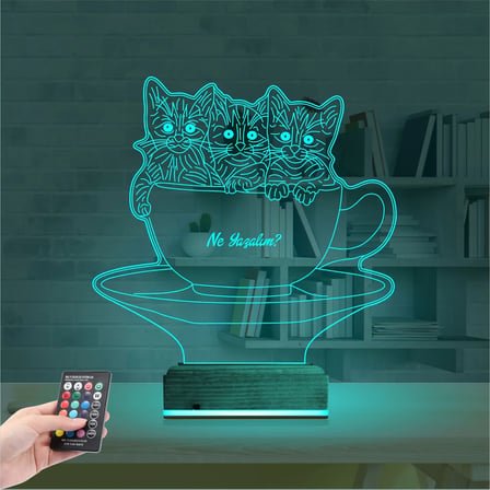 Kedi Fincan Tasarım Kişiye Özel 3D Lamba - Masa Gece Lambası