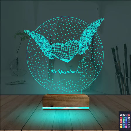 Kalp Melek Sevgiliye Hediye Kişiye Özel 3D Lamba - Masa Gece Lambası