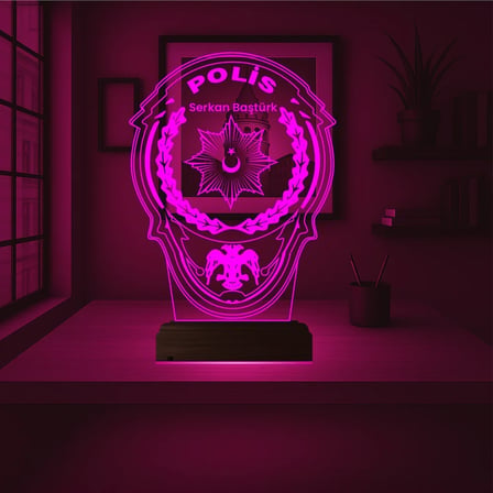 Polise Hediye Polis Logo Kişiye Özel 3D Lamba - Masa Gece Lambası