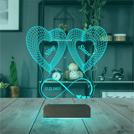 2 Kalp Sonsuzluk Sevgiliye Hediye Kişiye Özel 3D Lamba - Masa Gece Lambası