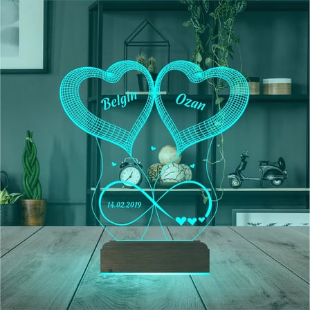 2 Kalp Sonsuzluk Sevgiliye Hediye Kişiye Özel 3D Lamba - Masa Gece Lambası