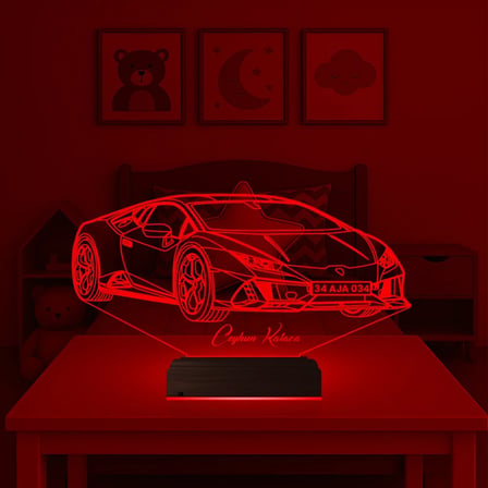 Plakalı Spor Araba Otomobil Tasarım Kişiye Özel 3D Lamba - Masa Gece Lambası