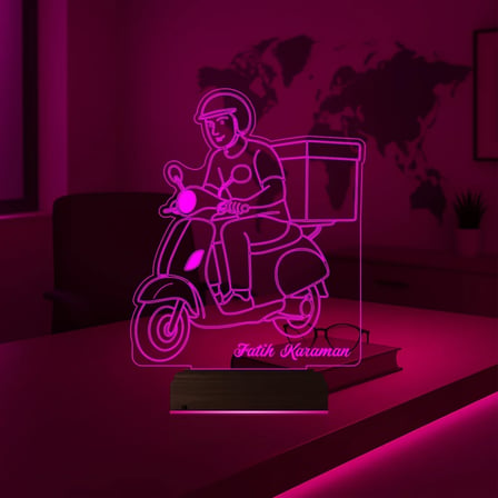 Kurye Hediye Paket Servis Motosiklet Moto Kurye Kişiye Özel 3D Lamba - Masa Gece Lambası