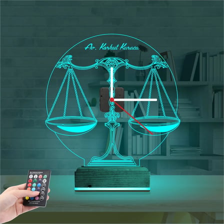 Avukat Hukuk Terazi Kişiye Özel Saatli 3D Lamba - Masa Gece Lambası