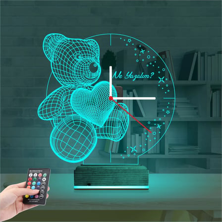 Kalp Ayıcık Kişiye Özel Saatli 3D Lamba - Masa Gece Lambası