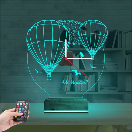 Balon Kuş Kişiye Özel Saatli 3D Lamba - Masa Gece Lambası