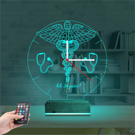 Doktor Hediye Tıp Logo Kişiye Özel Saatli 3D Lamba - Masa Gece Lambası