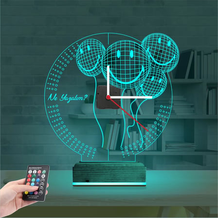Smile Balon Doğum Günü Kişiye Özel Saatli 3D Lamba - Masa Gece Lambası