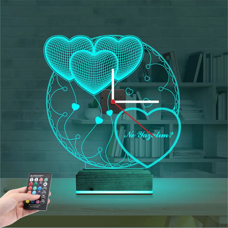 Kalp Sevgiliye Hediye V2 Kişiye Özel Saatli 3D Lamba - Masa Gece Lambası