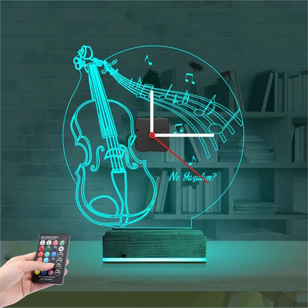 Keman Müzik Nota V1 Kişiye Özel Saatli 3D Lamba - Masa Gece Lambası