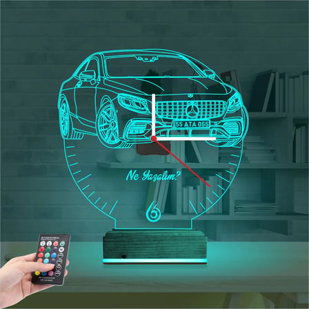 Mercedes Araba Kişiye Özel Saatli 3D Lamba - Masa Gece Lambası