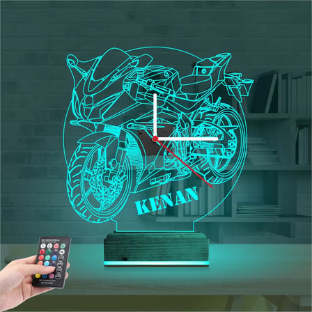 Motorsiklet Motor V2 Kişiye Özel Saatli 3D Lamba - Masa Gece Lambası