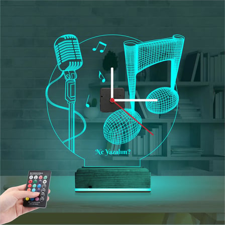 Müzik Nota Mikrofon Kişiye Özel Saatli 3D Lamba - Masa Gece Lambası