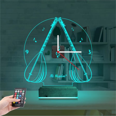 Saz Bağlama Nota Kişiye Özel Saatli 3D Lamba - Masa Gece Lambası