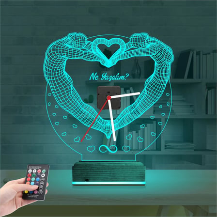 Sevgiliye Hediye Kalp V1 Kişiye Özel Saatli 3D Lamba - Masa Gece Lambası