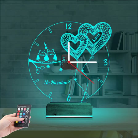 Sevgiliye Hediye Kalp Baykuş Kişiye Özel Saatli 3D Lamba - Masa Gece Lambası