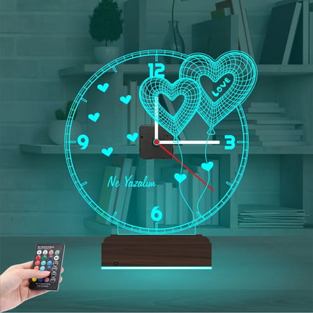 Sevgiliye Hediye Kalp V2 Kişiye Özel Saatli 3D Lamba - Masa Gece Lambası
