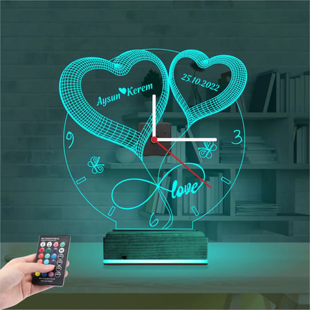 Sevgiliye Hediye Kalp Sonsuzluk Yıldönümü V1 Kişiye Özel Saatli 3D Lamba - Masa Gece Lambası