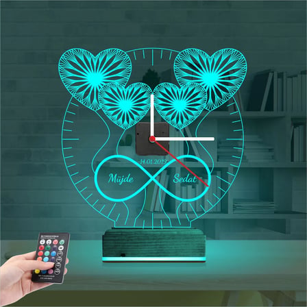 Sevgiliye Hediye Kalp Sonsuzluk Yıldönümü V3 Kişiye Özel Saatli 3D Lamba - Masa Gece Lambası