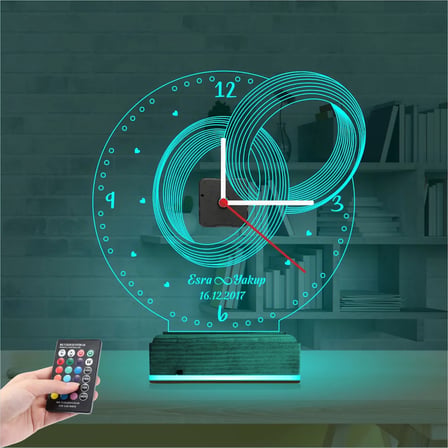 Sevgiliye Hediye Yüzük Alyans Yıldönümü Kişiye Özel Saatli 3D Lamba - Masa Gece Lambası