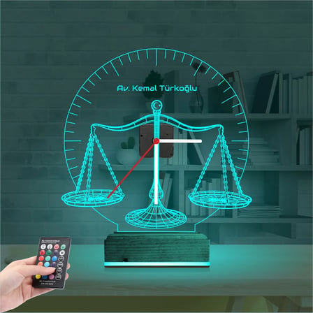 Avukat Hediye Terazi Hukuk Tema Kişiye Özel Saatli 3D Lamba - Masa Gece Lambası