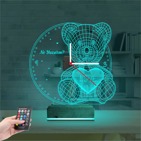 Ayıcık Kalp Tasarım Kişiye Özel Saatli 3D Lamba - Masa Gece Lambası