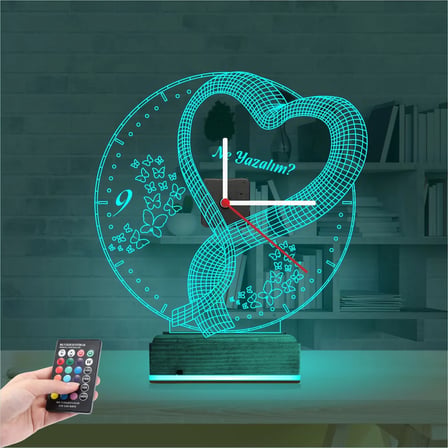 Sevgiliye Hediye Kalp Tasarım Kişiye Özel Saatli 3D Lamba - Masa Gece Lambası