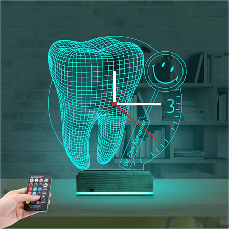 Smile Diş Doktoru Dentist Kişiye Özel Saatli 3D Lamba - Masa Gece Lambası