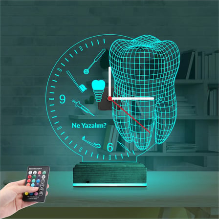 Smile Diş Doktoru Dentist İmplant Kişiye Özel Saatli 3D Lamba - Masa Gece Lambası