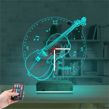 Keman Müzik Nota V2 Kişiye Özel Saatli 3D Lamba - Masa Gece Lambası