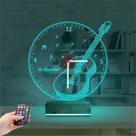 Klasik Gitar Müzik Müzisyen Kişiye Özel Saatli 3D Lamba - Masa Gece Lambası