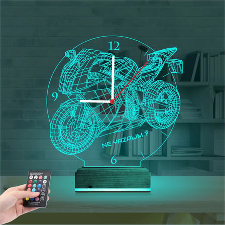 Motor Motorsiklet Motorcu Hediye Kişiye Özel Saatli 3D Lamba - Masa Gece Lambası