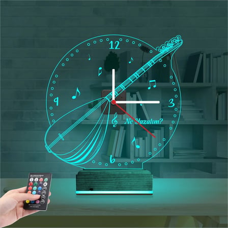 Saz Bağlama Nota Müzik Kişiye Özel Saatli 3D Lamba - Masa Gece Lambası
