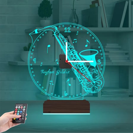 Saksafon Enstrüman Müzik Nota Kişiye Özel Saatli 3D Lamba - Masa Gece Lambası
