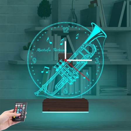 Trompet Enstrüman Müzik Nota Kişiye Özel Saatli 3D Lamba - Masa Gece Lambası