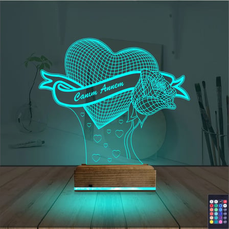 Kalp Gül Canım Annem Anneler Günü 3D Lamba - Masa Gece Lambası