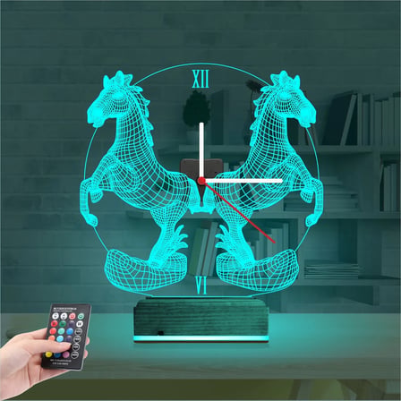 Şahlayan At Tasarım Saatli 3D Lamba - Masa Gece Lambası