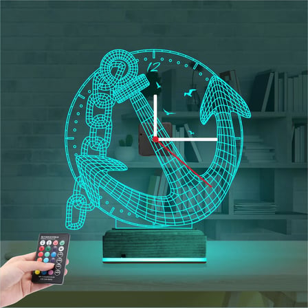 Kaptan Denizci Çapa Saatli 3D Lamba - Masa Gece Lambası