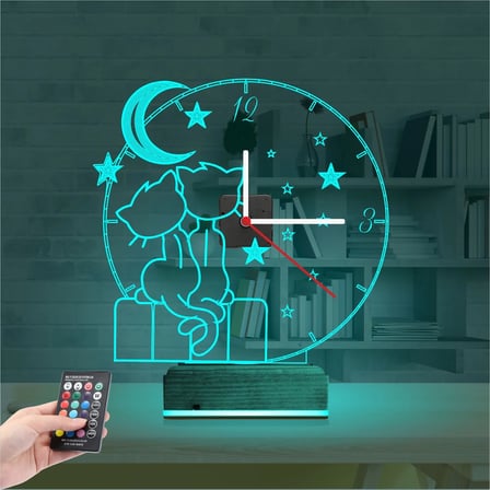 Kedi Tasarım Çocuk Odası Saatli 3D Lamba - Masa Gece Lambası