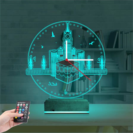 Mekke Kabe Cami Saatli 3D Lamba - Masa Gece Lambası