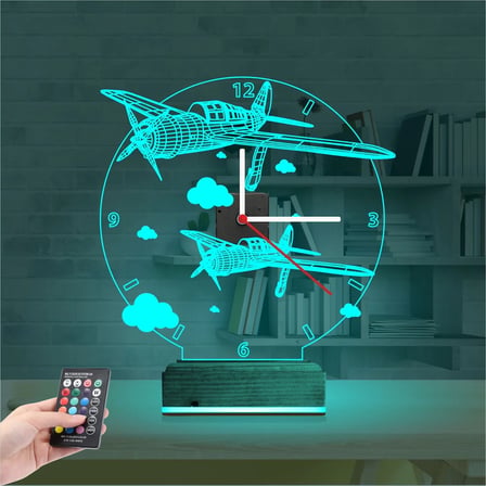 Pırpır Uçak Pilot Tasarım Saatli 3D Lamba - Masa Gece Lambası