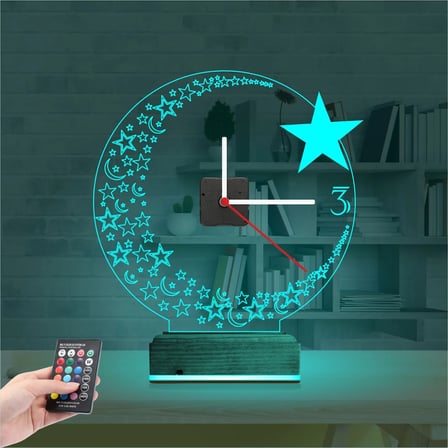 Türk Bayrağı Ay Yıldız V2 Saatli 3D Lamba - Masa Gece Lambası