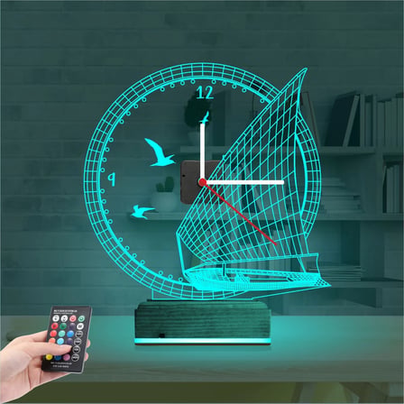 Gemici Kaptan Denizci Yelkenli V1 Saatli 3D Lamba - Masa Gece Lambası