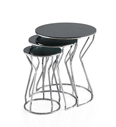 Lale Ayna Camlı Metal Yuvarlak 3 lü Zigon Sehpa